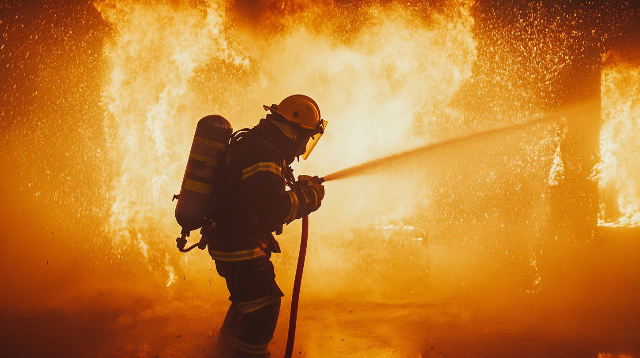 Firefighter battling fire